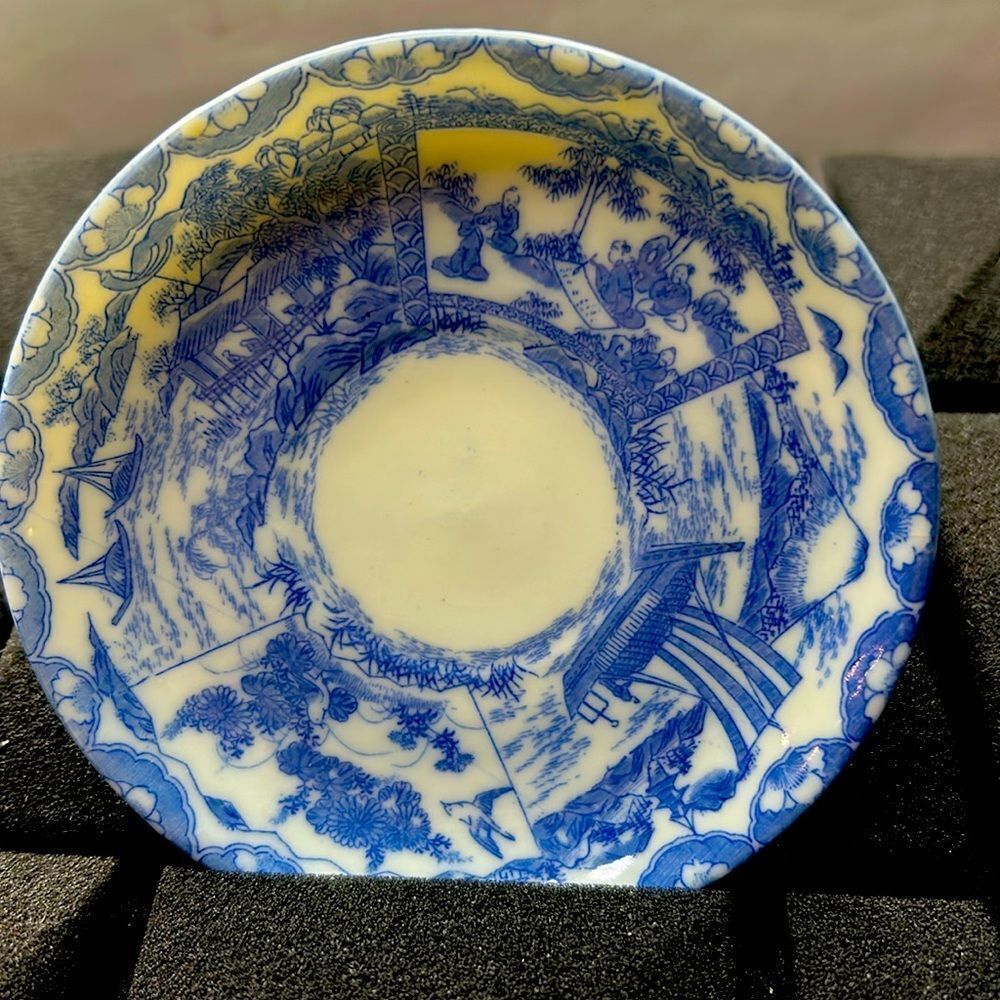 Saucer plate 4” blue bone China Asian scenery